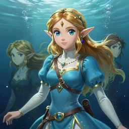 hyperdetailed underwater portrait of princess zelda. by greg rutkowski, highly detailed, digital painting, artstation, smooth, sharp focus illustration, artstation hq. intricate, elegant. art by wlop and artgerm and greg rutkowski, alphonse mucha, medium shot. dan mumford, tomokazu matsuyama, takato yamamoto