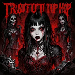 album cover for an industrial trip hop band featuring a sick girl, gothic aesthetic, black and red tones, illustrated by trevor brown, highly detailed