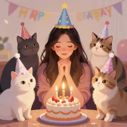 five cats celebrating a woman's birthday, wearing birthday hats, digital art, very beautiful, 8 k, trending on artstation, award winning