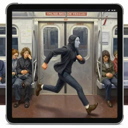 a painting of a ipad pro with arms and legs that is running out of the nyc subway on a monday morning, the other people on the subway look like tired ants as painted by magritte and botero