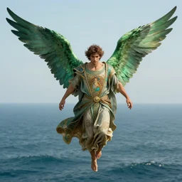 avan jogia as an angel, flying, green feathered wings, ornate robes, handsome, ocean background, alphonse mucha, rhads, ross tran, artstation, artgerm, octane render, 1 6 k