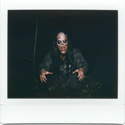 a found polaroid photograph of a hideous monster in the woods taken at night, scary, frightening, polaroid horror