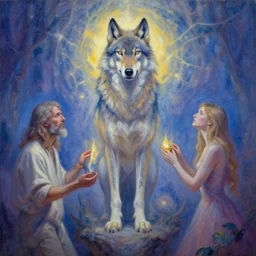 enlightened spirit wolf teacher by  MICHAEL DIVINE and by AMANDA SAGE in the style of oil painting visionary art, trending on artstation, very coherent symmetrical artwork, oil painting