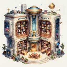 overwatch jakarta doctor strange bookstore building, indonesia, stylized, exterior, architecture, in watercolor gouache detailed paintings, arcane, insanely detail, artstation, 8 k, futuristic, big medium small, props, furniture and decor, empty, no character