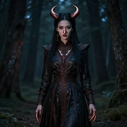 highly detailed, ultra realistic, cinematic portrait, woman, high detail, 8 k, sharp focus, movie still, dramatic lighting, ray tracing, smooth, a female evil demonic character of kazakh mythology, jeztyrnauk, beautiful young girl with a copper nose and copper claws, standing in the night forrest, full body - c 1 5