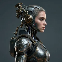 maya hawke as cyberpunk armored gunman, scifi character portrait by greg rutkowski, esuthio, craig mullins, 1 / 4 headshot, cinematic lighting, dystopian scifi gear, gloomy, profile picture, mechanical, half robot, implants, steampunk