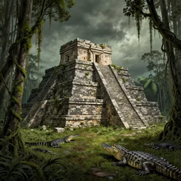 a historical illustration of a partially sunken aztec temple in the florida everglades, moss, vines, alligator, foreboding, dark, in the style of a historical illustration