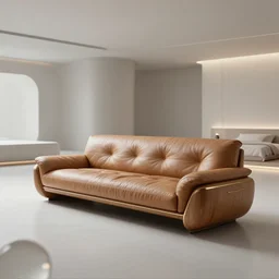 a photo of a futuristic leather couch in a clean and uninhabited empty futuristic bedroom from oblivion movie, by wlop by jungyeonmin and james jean jhonseru jsezz artstation and greg rutkowski, with some minimalistic wood and gold details, lens orbs, global illumination, lounge, architectural, volumetric lighting, granular detail, japandi, hyperrealist, micro details, blender, vray