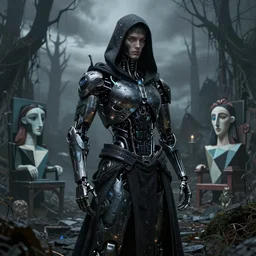 highly detailed amazing photo of single cyborg cultist in hoodie made of dark matter in gloomy gothic landscape, raphael, picasso, beeple, matte painting