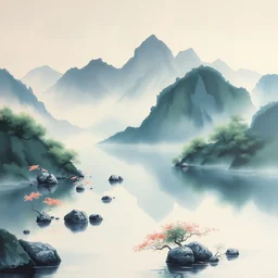 a beautiful painting of a river landscape, by zhang da qian painting