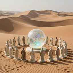 simplicity, a desert full og giant dunes with a luminescent sphere floating in the middle, marble sculptures of a crowd people surrounding it, ultra detailed, by miles johnston, william godward, moebius, simon stalenhag, gustave dore, andrew jones, pekka halonen, cinematic, 8 k, volumetric lighting,