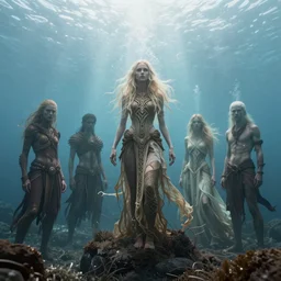 celtic naturepunk underwater by atey ghailan, by greg rutkowski, by simon stalenhag, by greg tocchini, by james gilleard, by joe fenton, by kaethe butcher dynamic lighting, gradient light blue, brown, blonde cream and white color scheme, grunge aesthetic