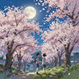 Beautiful and ultra-detailed sakura trees under the light of a full moon, with a small village in the background, by Makoto Shinkai and Raphael Lacoste