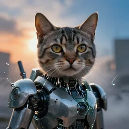 closeup portrait of a cyborg cat, shattered glass, cinematic light, backlight, orange sky blue, mist, clouds, mecha, by mikhail vrubel, by philippe druillet, by peter elson, by gerald brom, muted colors, ( extreme detail ), trending on artstation, 8 k