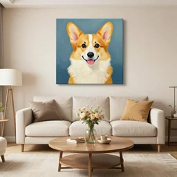A cozy living room with a painting of a corgi on the wall above a couch and a round coffee table in front of a couch and a vase of flowers on a coffee table.