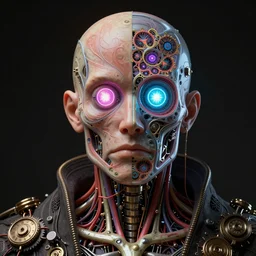 3D render of a portrait of a futuristic steampunk  wizard cyborg, inset xray cross-section, neon lenses for eyes, Mandelbrot fractal, titanium skeleton, anatomical, flesh, facial muscles, wires, microchips, electronics, veins, arteries, glowing, full frame, microscopic, elegant, highly detailed, flesh ornate, elegant, high fashion, dye contrast lighting, black light, octane render by Richard Schmid by Jeremy Lipking by moebius by atey ghailan