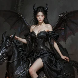 sexy young woman riding a demon, fantasy, intricate, highly-detailed, elegant, dramatic lighting, gorgeous face, lifelike, photorealistic face, long luxurious gown, digital painting, artstation,  illustration, concept art, smooth, sharp focus, art by Jude Palencar, Luis Royo, John Collier and Albert Aublet and Krenz Cushart and Artem Demura and Alphonse Mucha