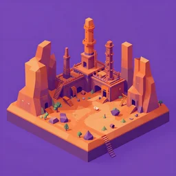 an low poly isometric abandoned overgrown factory in the style of monument valley, orange and purple color scheme