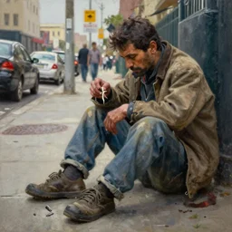 ( ( a beautiful 8 k photorealistic masterpiece oil painting ) ( of ( a homeless man using crack in a los angeles sidewalk ) ) ) ( hyperrealism ) ( 1 6 k ) ( trending on artstation )
