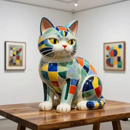 beautiful gallery show studio photograph of a giant realistic curvy ceramic sculpture of grumpy cat!!!!!, heavily glazed by bridget riley and victor vasarely, placed on a polished wooden table, colorful hyperrealism 8 k trending on artstation