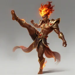 a highly detailed illustration of attractive young african fire god with tall hair, heroic kicking pose, intricate, elegant, highly detailed, centered, digital painting, artstation, concept art, smooth, sharp focus, league of legends concept art, wlop
