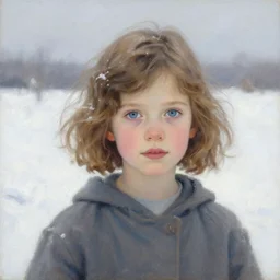 a seven year old girl with short wavy curly light brown hair and blue eyes in a snowy field. beautiful painting by artgerm and greg rutkowski and lois van baarle