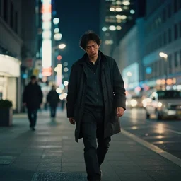 portrait of a tired man walking in a big city at night by craig mullins and ruan jia, atmospheric, vivid, masterpiece, bokeh