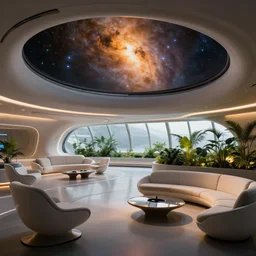 ultra modern concept of a vast spaceship interior,  futuristic chairs and sofas can be seen in the foreground, the warm light of a large nebula enters from a window, large plants in the background, wide angle shot, Leica Summicron-T 23 mm f/2