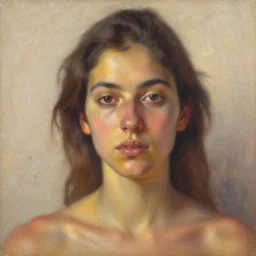 fine art portrait in comfortable femininity, ethnic, determined face, warm glow, bathed in light, captured memory, subtle impressionism, radiosity, terrazzo, mediterranean color scheme, oil on canvas