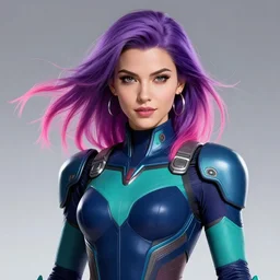 a stunning upper body portrait of a beautiful young woman wearing futuristic navy blue and teal battle bodyarmor, ombre purple and pink hairstyle, hair blowing in the wind, hoop earrings, by marvel comics, digital art, trending on artstation
