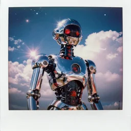 analog polaroid portrait of a chrome robot, Hajime Sorayama, sheen, red reflections, unreal engine, azure sky, big clouds visible, sunlight, reflection, sparkles, space, stars, nebula, lensflare, film grain, depth of field, color bleed