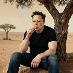 elon musk sadly smoking weed while sitting under a tree on mars