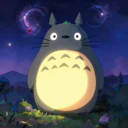 giant glowing snorlax totoro, mountain landscape, night sky, digital art, digital painting, celestial, majestic, colorful