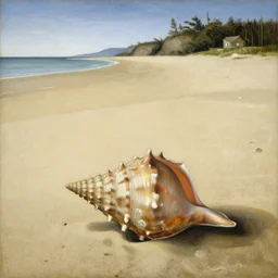 a painting of an empty beach with a giant open shell in the sand, by botticelli