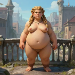a chubby dwarven woman standing on a bridge in the middle of the city, by johan grenier, fantasy artwork, secret of mana, intricate braided hair, short plump figure, smooth, centered, ultradetailed, 8 k, hd
