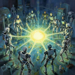 a system based robot neuron field of light, 8 k resolution concept art studio ghibli photorealism acrylic art back lit horde 3 d beautiful retro detailed painting