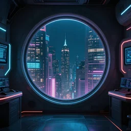 a highly detailed photo of a cyberpunk room, high tech, neon backlit, round window, cyberpunk nightcity in the window, 8 k