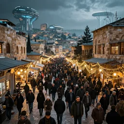 futuristic scifi Tzfat. Crowded festive scene.