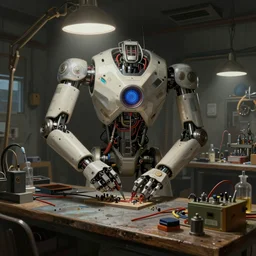 robot repair workshop, art of vitaly bulgarov, cyberpunk tech, ultrarealistic, futuristic, three point lighting, dramatic lighting, electrical details, high details, 4 k, 8 k, best, accurate, trending on artstation, photorealism, digital painting, style of peter mohrbacher, caravaggio