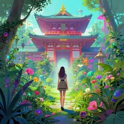 a digital painting of a woman in the distance wearing gucci exploring a magical japanese temple, lush plants and flowers, eco - cyberpunk art by james jean, cgsociety, retrofuturism, anime aesthetic, chromatic, iridescent, uhd