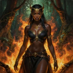 painting of alluring pyromancer black woman in the burning jungle, beautiful face, skintight robes and miniskirt, belts, circlet, golden accessories, high fantasy, dnd, smooth, sharp focus, award - winning, masterpiece, extremely detailed, intricate, art by rebecca guay, rossdraws