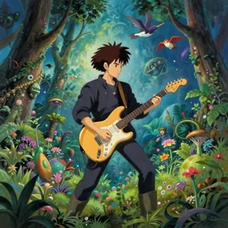epic guitarist with his stratocaster in alien planet, magic background ambientation, lot of vegetation, trees, plants, flowers, flying animals, painting, concept art, hayao miyazaki