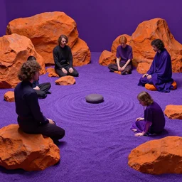 a solarpunk zen garden by simon stalenhag and hubert robert and zacharias aagaard and gillis rombouts and samuel beal, hyperrealism, surrealism, purple sand, orange rocks, chiaroscuro!!, tonalism!, high saturation, high contrast, vibrant, highly detailed, volumetric light