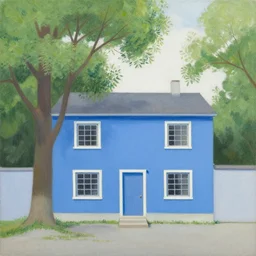 a painting of a blue house under a tree, a gouache by charles e. burchfield, behance contest winner, american scene painting, storybook illustration, photoillustration, detailed painting