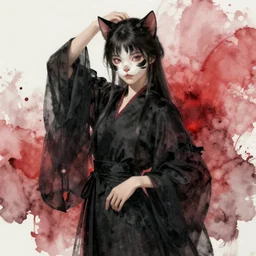! dream young girl with cat face, elegant pose, in a black chiffon layered robe fantasy detailed trending on artstation, dramatic lighting, eterea, high quality print, fine art with subtle redshift rendering japan watercolour, realistic, detailed