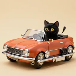 A human scaled black cat driving a convertible from the 70s