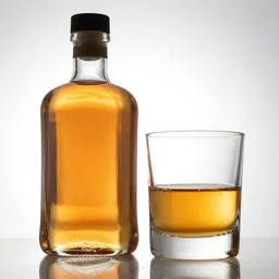 ultra realistic whiskey bottle and glass, low angle view, backlighting, product photography, menu image