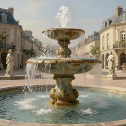 colonial fountains of water in a town square, stoic, light dust, magnificent, hyperdetailed, theatrical, close up, masterpiece, painted by jean honore fragonard and greg rutkowski