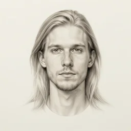 pencil portrait of a skinny european male, longer blond hair, light stubble beard, wearing a light shirt, blue eyes, rugged, teenage, fantasy, wizard, trending artstation, relaxed expression, dark lighting, high detail