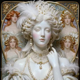 high intricate porcelain baroque stunning woman, lace collar, string of pearls, bird feathers, 8 k, glitter skin very white hyperrealistic hyperdetailed pastel maria panfilova, andrea savchenko, sensual mike kime, ludovic plouffe, qi sheng luo, oliver cook, by alphonse mucha, trending on artstation